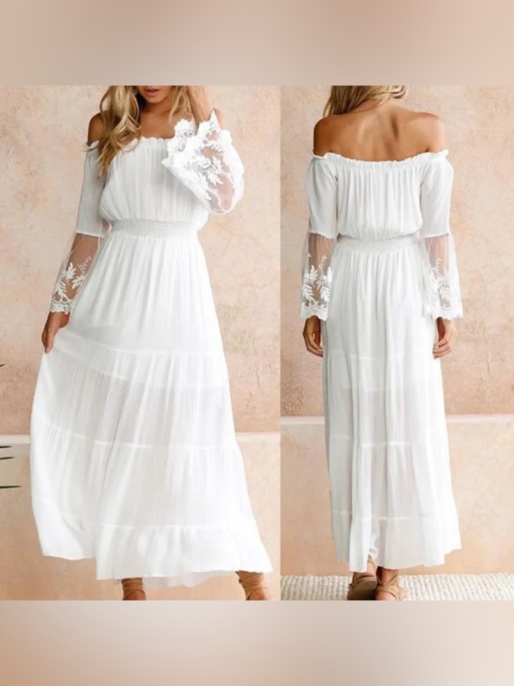 Boho White Off-Shoulder Maxi Dress Sheer Lace Bell Sleeve Tiered Size XL NWOT - Picture 4 of 16